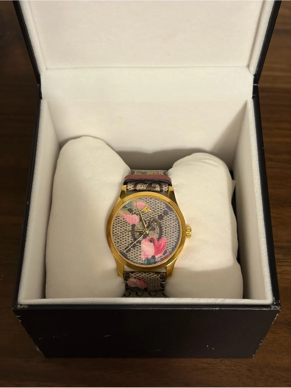Gucci Gold-Tone Watch with Pink Floral Dial and Leather Patterned Strap